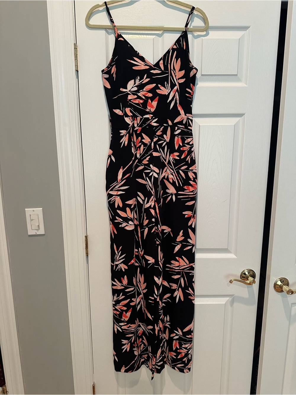 Tahari Black Spaghetti-Strap Jumpsuit with Pink Leaf Print